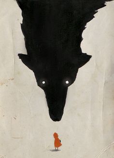 a black wolf with white eyes and an orange fox on it's back side