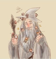 a drawing of an old wizard holding a wand