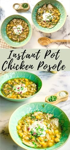 instant pot chicken posole in green bowls with spoons