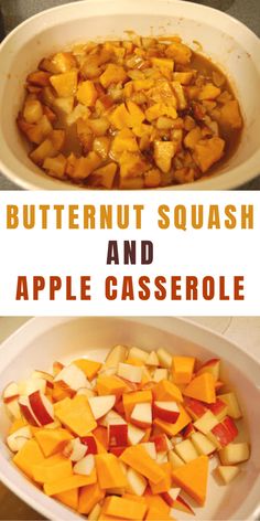 butternut squash and apple casserole in a white bowl with text overlay