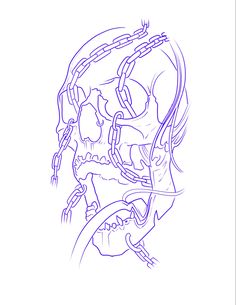 a drawing of a skull with chains on it's head and neck, in blue ink