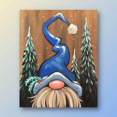 an acrylic painting of a gnome sleeping in front of pine trees with the moon behind him