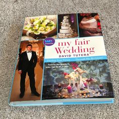 the book is about my fair wedding by david tuter and features pictures of cakes, flowers, and candles