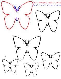 four different colored butterfly shapes on a white background, one is red and the other is black