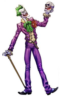 a drawing of a joker holding a skull and wearing a purple suit with green hair