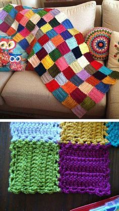 crocheted blankets and pillows on a couch in two different colors, one is multicolored