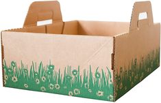 an open cardboard box with grass and flowers painted on the side, sitting in front of a white background