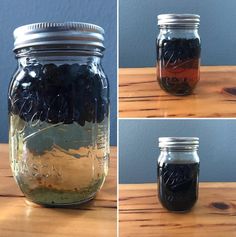 three pictures of jars filled with liquid sitting on top of a wooden table