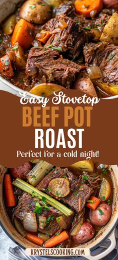 beef pot roast with carrots, potatoes and celery in a slow cooker