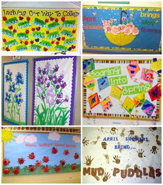 four different pictures of handprints and flowers on canvases with words written in them