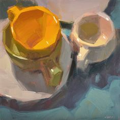 an oil painting of two yellow cups and saucers on a white plate next to each other