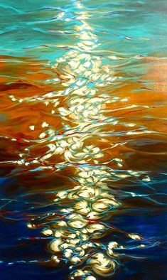 an abstract painting of water with circles in the middle and light reflecting off it's surface