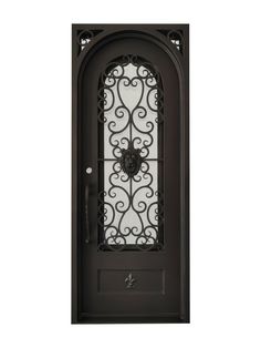 an iron door with a glass panel and wrought design on the top half of it