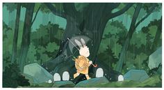 a cartoon character holding an umbrella in the rain while walking through a forest with rocks and trees