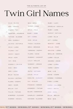 the ultimate list of twin girl names on a pink background with clouds in the sky