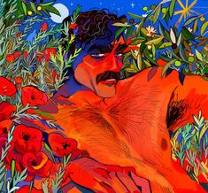 a painting of a man laying in the grass with flowers on his chest and eyes closed