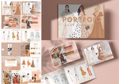 an assortment of fashion brochures are displayed on a pink background, with images of women's dresses