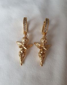 18k Gold Plated Cherubim Earrings Made with love in İstanbul.. Delivery time: max 6-14 days Dope Jewelry Accessories, Romantic Earrings, Angel Charm, Dainty Hoop Earrings, Angel Earrings, Angel Jewelry, Jewelry Accessories Ideas, Earring Charms, Dope Jewelry