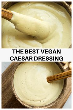 the best vegan caesar dressing recipe is in a wooden bowl with two spoons