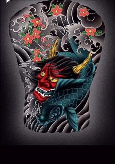 an image of a tattoo design with flowers and fish on the back of a woman's head