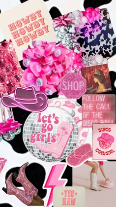 a collage of pink and black items including shoes, hats, and stickers