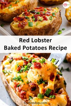 red lobster baked potatoes recipe with cheese on top and green onions in the bottom side