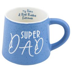 a blue mug with the words super dad written on it