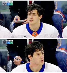 two pictures of a hockey player with different expressions on his face and in the background he is writing something