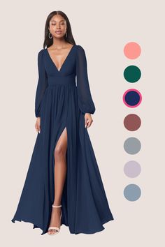 a woman in a long blue dress with different colors and shapes to choose from, including the