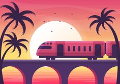 a train traveling over a bridge with palm trees on either side and the sun in the background