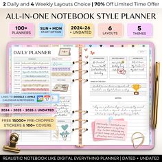 the daily planner is open and ready to be used as a printable for planners