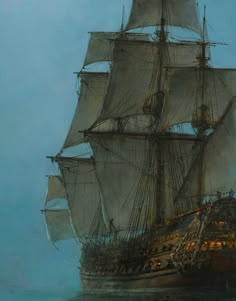 an oil painting of a sailing ship in the ocean with lights on it's sails