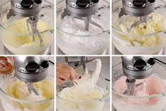 four pictures showing how to mix the ingredients in a mixing bowl with a mixer attachment