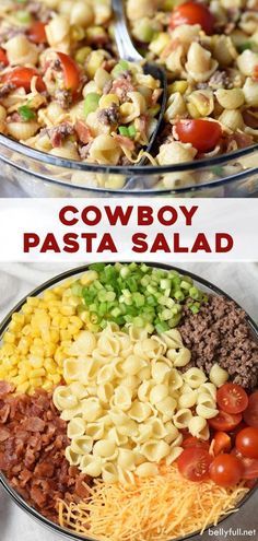 two bowls filled with pasta salad and the words cowboy pasta salad on top are shown