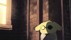 a cartoon dog standing in front of a brick building with an eyeglasses on it's face