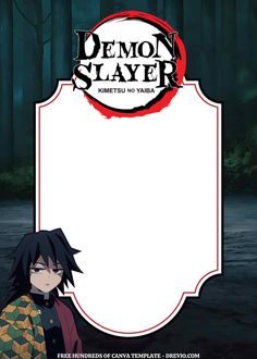 the demon slayer anime character is standing in front of an empty sign