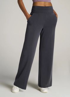 American Tall Wide Leg Ultra High Rise Pant. These tall women's pants are effortlessly chic with their wide legs, stitch details and wrinkle-resistant fabric. Clothes For Tall Women, Pants For Tall Women, Green Tube Top, Modest Workout, Jeans For Tall Women, White Slacks, Athleisure Pants, Wide Leg Lounge Pants, Printed Flare Pants