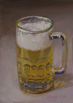 a painting of a beer mug with foamy liquid on the top and bottom half