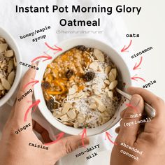 two bowls of oatmeal with the words instant pot morning glory written below