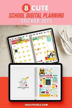 an open planner with the title 8 cute school digital planning stickers