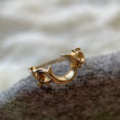 a close up of a gold ring on top of a rock