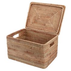 an empty wicker basket with lid is shown on a white background for use as a storage container