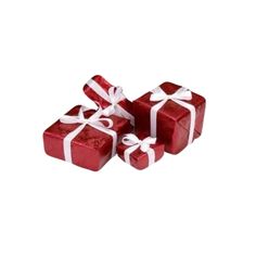 three red gift boxes with white ribbons and bows