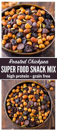 roasted chickpea super food snack mix in a bowl with the title above it