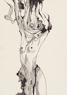 a black and white drawing of a woman's body with trees in the background