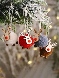 three christmas ornaments hanging from a tree