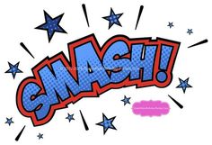 the word smash written in blue and red with stars around it on a white background