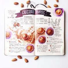 an open chocolate truffle recipe book with almonds around it