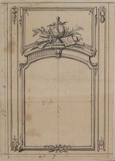 an old drawing of a mantel with flowers and birds on the top, surrounded by scrolls