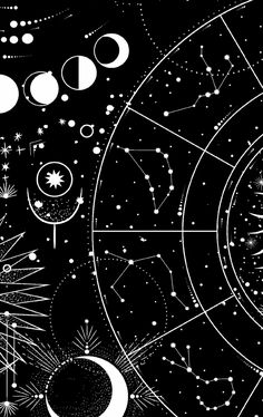 the zodiac sign is surrounded by stars, planets and pineconis in black and white